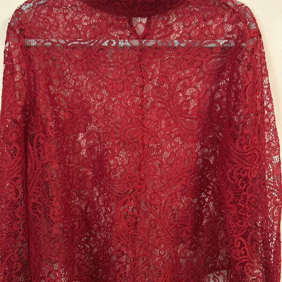 Women’s Long Sleeve Red Lace Blouse w/Mock Neck, One Size - Picture 3 of 10
